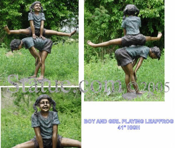 Boy And Girl Playing Leapfrog Bronze Garden Sculpture